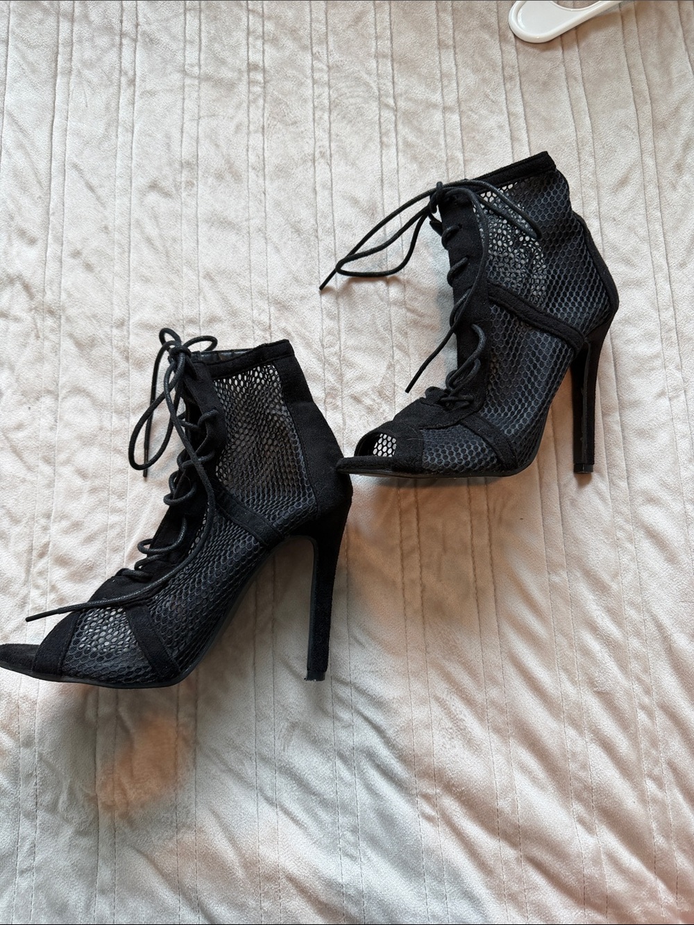 SHEIN Black Lace-Up Mesh Stiletto Booties